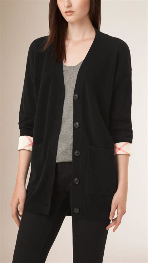 v-neck burberry cardigan|Check Label Wool Cardigan in Black .